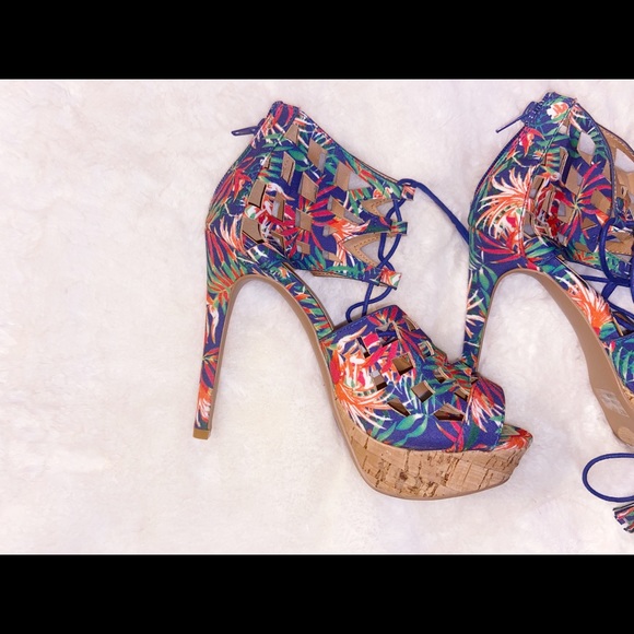 Qupid tropical Strapped Platform Open Toe Heels Size 7 - Picture 2 of 6